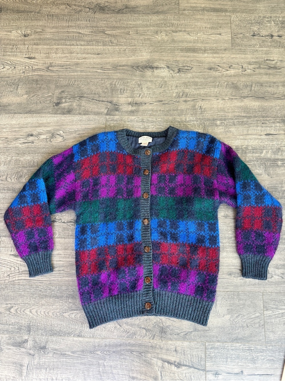 Susan Bristol Multicolor Plaid Cardigan - Blue, Purple, Red, Green, Gray Trim